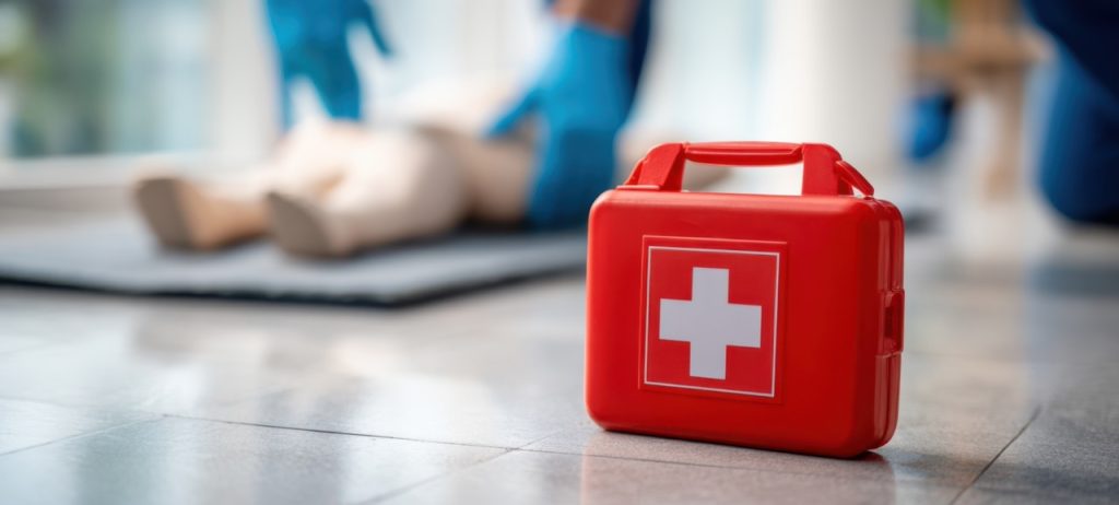 red first aid kit beside a CPR mannequin in a training setting